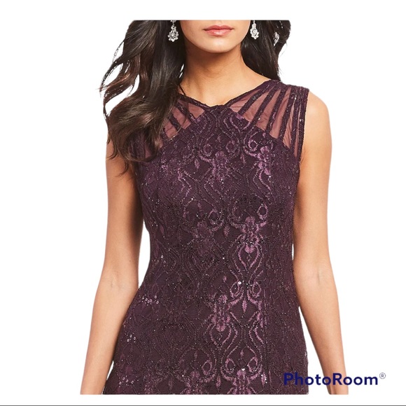 R&M Richards Illusion Shoulder High V-Neck Sleeveless Lace Sheath Gown - Picture 3 of 5